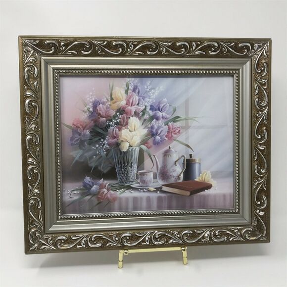 Ornate Framed Print Romantic Floral Tea Set Lavender Pink Wall Decor 11" x 13" - Picture 1 of 4